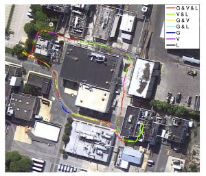Overhead view of a neighbor and the path of the vehicle plotted