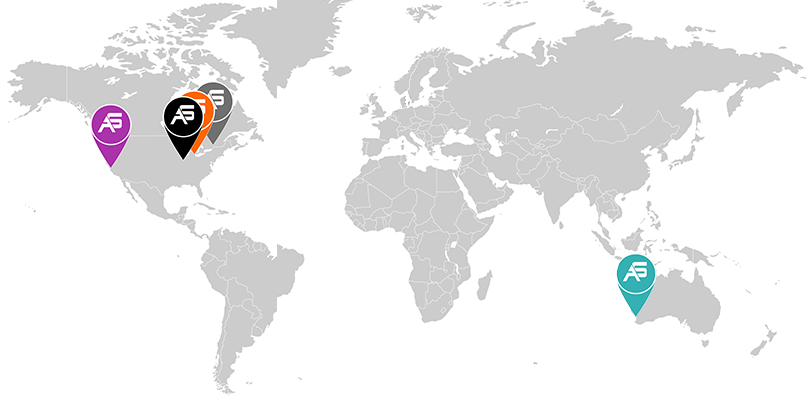 Map of world showing pins in the locations of AS offices